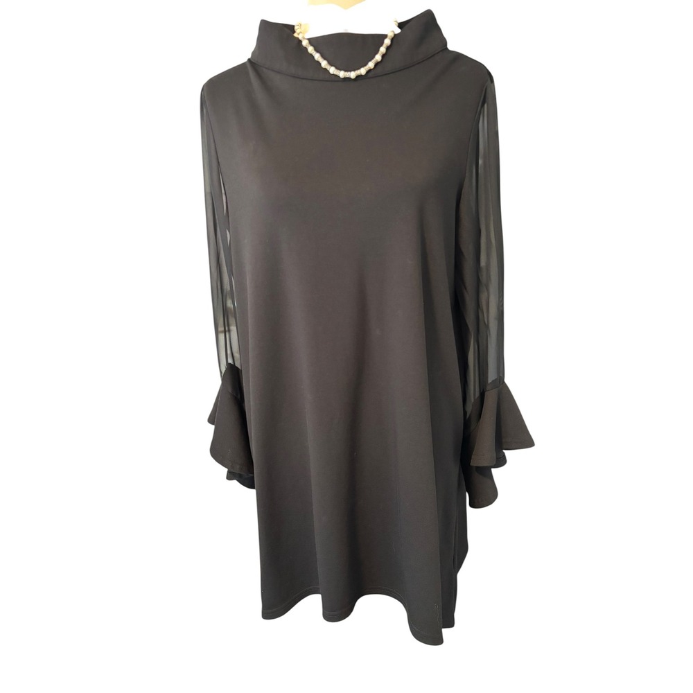 Ador Black Mock‎ Neck Shift Dress Sheer Mesh Bell Sleeve Size L Special Occasion